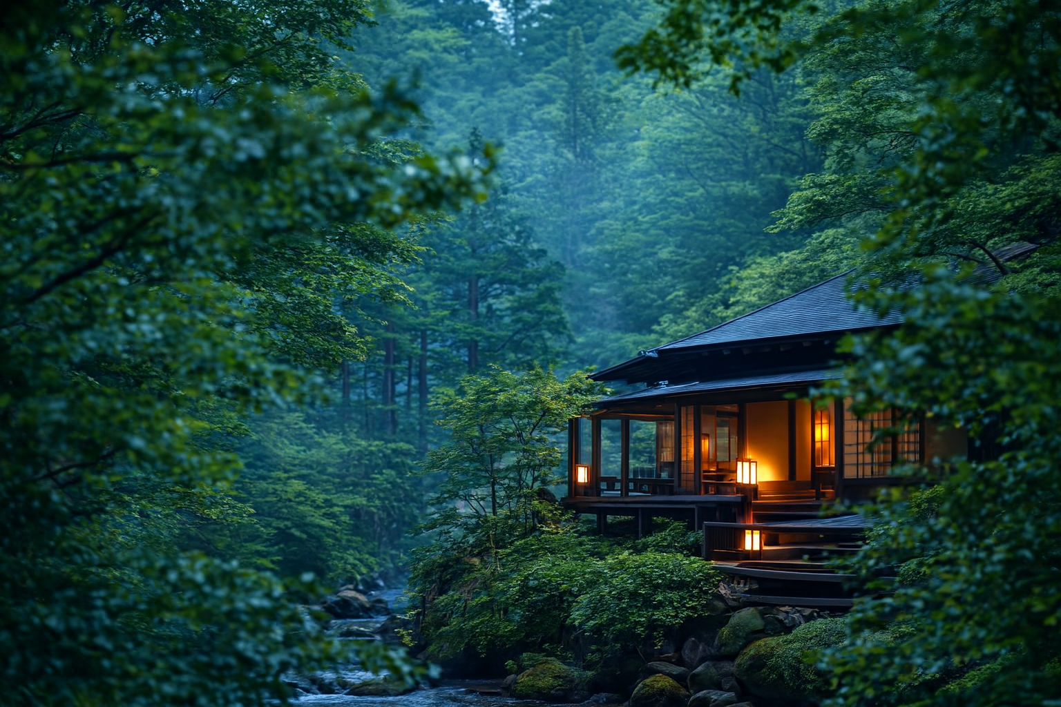 森に包まれた旅館の画像